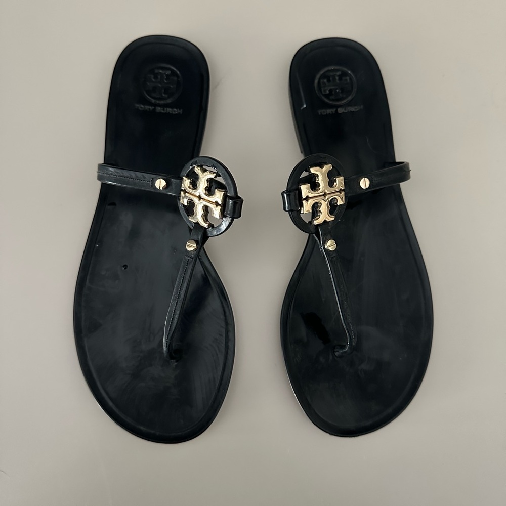 Tory Burch Black Jelly Miller Logo Thong Sandals with Gold Hardware